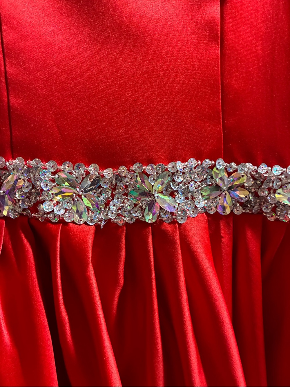 Red Satin Girls' Formal Gown with Embellished Belt and Cap Sleeves - Picture 4 of 7